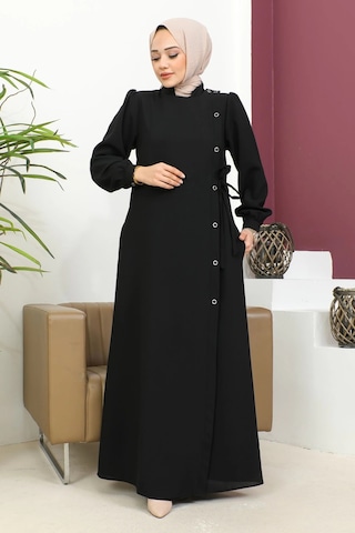 Nevayla Moda Bağlamalı Çıt Çıt Detaylı Ferace - Siyah