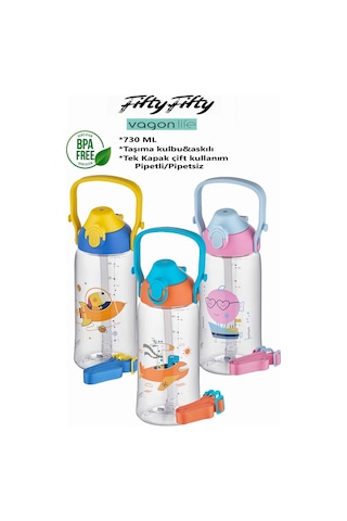 Uzspace 730ml Tritan Tek Kapak Çift Kullanım Pipetli/Pipetsiz Askı Aparatlı Tritan Çocuk Su Matarası