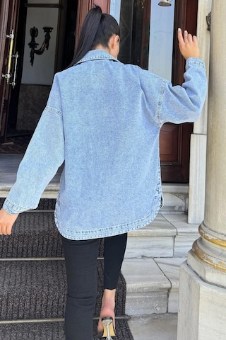 Mavi Oversize Kot Cepli Düğmeli Ceket Gömlek Açık Mavi