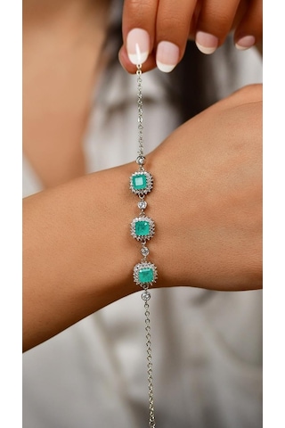 Paraiba Taşlı Rodyum Kare Anturaj Gümüş Bileklik