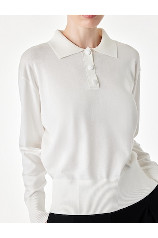 Koton Regular Fit Uzun Kollu Yarım Düğmeli Polo Yaka Triko Kazak Ekru 7wak90281ht