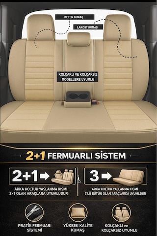 Premium Serisi Lüks Keten Üniversal Bej Oto Koltuk Kılıfı - 5 Koltuk Tam Set