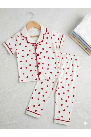 Kız Çocuk Pamuklu Kruvaze Yaka Önden Düğmeli Küçük Kalp Desenli Mevsimlik Alt Üst Pijama Takım Beyaz