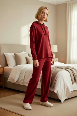 Benerly Kadın Kapüşonlu Düşük Kol Relaxed Kalıp Örme Pijama Takımı Uzun P bordo