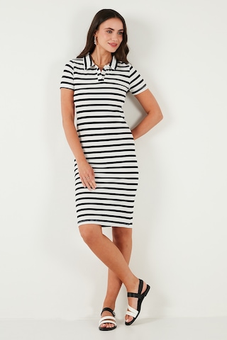 Lela Streç Slim Fit Düğmeli Polo Yaka Kısa Kollu Mini Boy Çizgili Bayan Elbise 5866167 Beyaz-Siyah