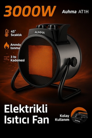 Auhma At1h Elektrikli Isıtıcı Fan Gri 3000w Hızlı Isınma, 3 Kademeli Ayar, Sessiz Ptc Isıtma Tekno