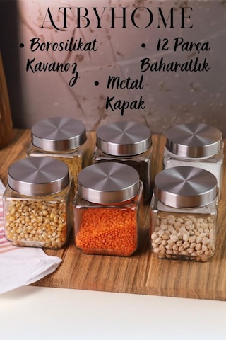 Atbyhome Metal Kapaklı 6'lı Borosilikat Cam Kavanoz Baharatlık 570 ML