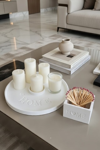 25 Cm Özel Tasarım "home" Temalı Yuvarlak Dekoratif Tepsi / Mum Tepsisi / Biblo Tepsisi Beyaz