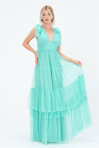 Dip Moda Kadın Kırmızı Korsajlı V Yaka Tül Abiye Elbise Dpnbs9271 Mint