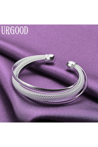 925 Ayar Gümüş Büyük Örgü Açık Bileklik Moda Takı Gümüş