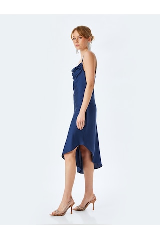 Koton İp Askılı Degaje Yaka Asimetrik Midi Slip Saten Elbise Lacivert 5sak80008fw Lacivert