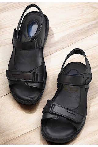 088 Topuk Jelli Tam Ortopedik Taban Hakiki Deri Erkek Sandalet Cırtlı Sandalet Siyah