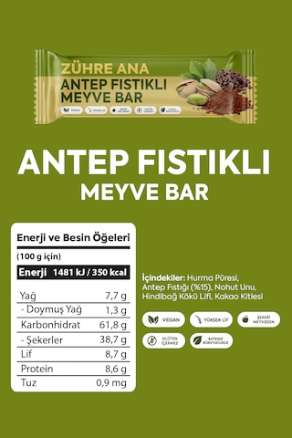 Antep Fıstıklı Ve Kakaolu Meyve Bar, Şeker İlavesiz 35 Gr X 12 Adet