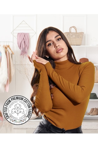Alya Underwear Kaşkorse Tam Boğazlı Body Sweatshirt, Fitilli Kumaş, Likralı, Gül Kurusu Açık Kahve