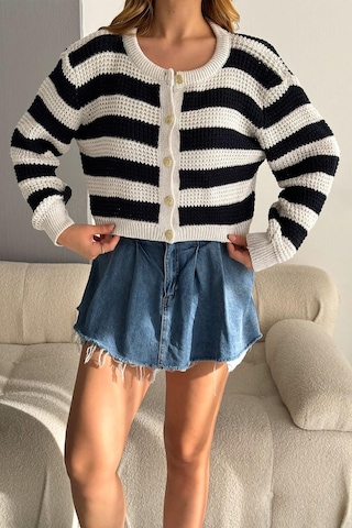 Noa & Noa Kadın Altın Düğmeli Çizgili Triko Hırka Yumuşak Dokulu & Oversize Kesim Ekru