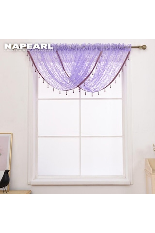 Krem 1 Pc Napearl Modern Boncuklu Jakarlı Perde Valance Tasarım Pencere Dekoratif Perde Çiçek Tül Perde Krem
