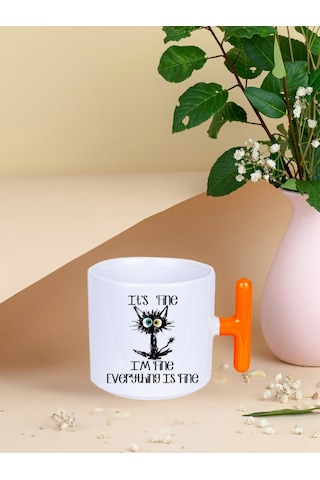 Deepcraft İyiyim Her Şey Yolunda Kedi T Kulplu Kupa Yılbaşı,sevgililer Günü, Hediyelik Kupa 185ml Beyaz