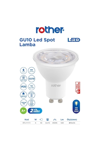 Rtl11111-5 Rother Gu10 Led Spot Ampul 6w 540 Lümen 4000k Gün Işığı Enerji Tasarruflu Ampul 5 Adet