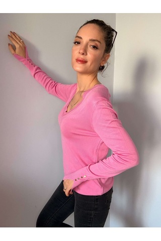Ali Butik Pembe V Yaka Kol Detaylı Triko Pembe