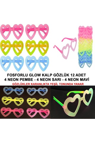 Retro Neon Fosforlu Kalp Gözlük 12 Adet 80 Ler 90 Lar Parti Stili