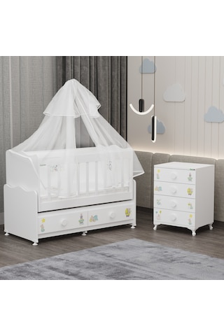 Elegant Mdf Çıtalı Beşik + Şifonyer Yatak Uykuseti - Ayıcık Beyaz