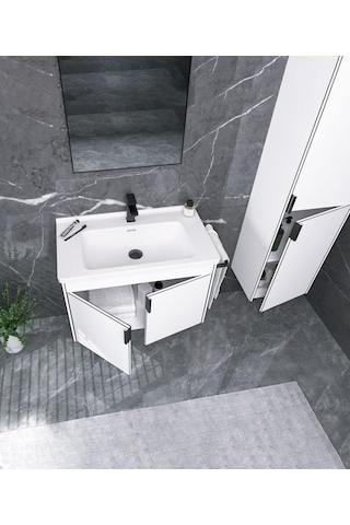 Orka Trio 65 Cm Beyaz Kapaklı Havluluklu Banyo Dolabı Takımı Beyaz