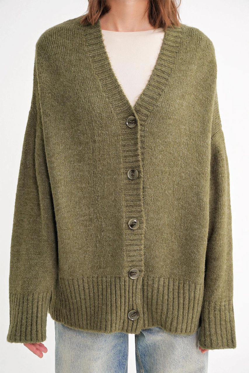 6927 Kadın Yumuşak Dokulu Salaş Basic Triko Hırka Haki Haki