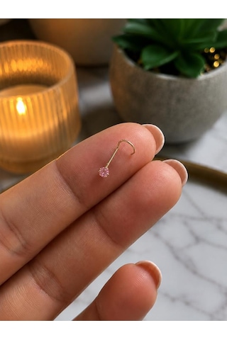 925 Ayar Gümüş Pembe Taşlı Sarı Burun Hızması L Tipi Minimal Unisex Nose Stud Piercing