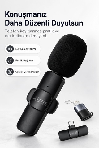 Kablosuz Yaka Mikrofonu Telefon İçin Usb-c Lightning Adaptörlü Kompakt Kayıt Cihazı