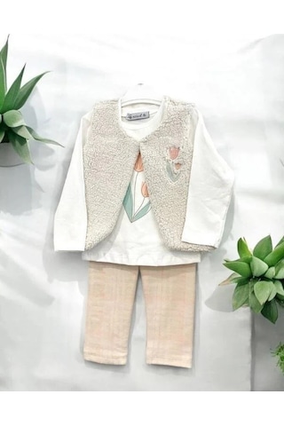 Cantoy Kız Bebek Peluş Yelekli 3 Lü Pantolonlu Takım-15067 Krem