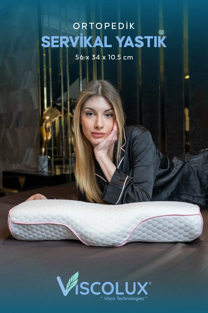 Servikal Boyun Destekli Ortopedik Yastık - Boyun Düzleşmesi Visco Yastık 56x34x10,5 Pembe