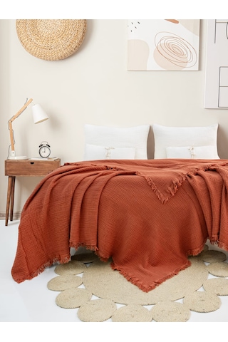 4 Katlı Müslin Yatak Örtüsü - Kiremit Renk Çift Kişilik Pike