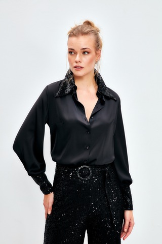 Sateen Payet Detaylı Saten Gömlek - Siyah-134117 Siyah
