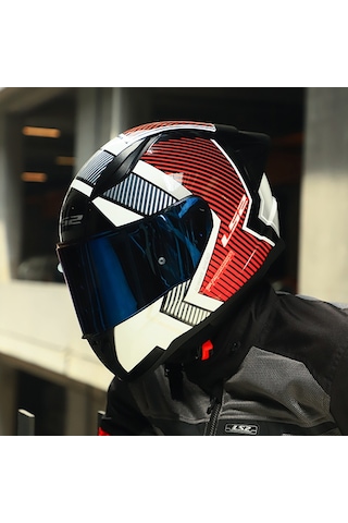 Mavi Cam + Ls2 Rapid 2 Race Extra Kask Beyaz - Kırmızı