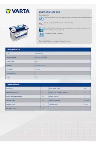 Varta Akü 12V 80 Ah 800A Efb Start-Stop Blue Dynamic N80 / 532012697