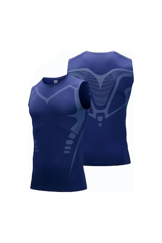 Ghassy Co. Erkek Fitness Hızlı Kuruma Nefes Alabilen Çapraz Daraltma Tipi Kolsuz Spor T-shirt 001 Lacivert