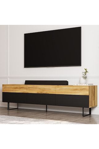 Sign Kapaklı Tv Ünitesi, Tv Sehpası - Metal Ayak - Gri/traverten - Siyah/kilim Siyah/kilim