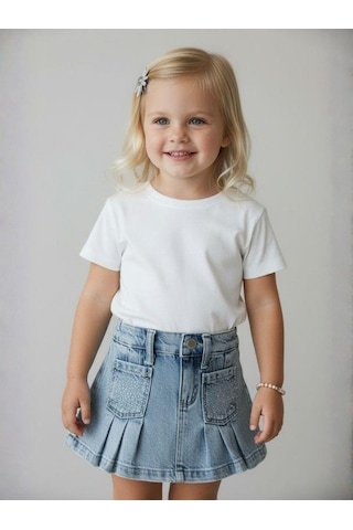 Zekids Kız Bebek Taşlı Cepli Pileli Jean Etek-16879 Mavi