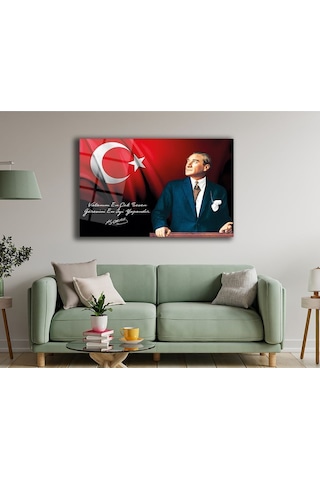 Atatürk Ve Türk Bayrağı Yatay Cam Tablo, Vatanını En Çok Seven Görevini En İyi Yapandır