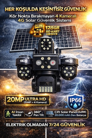 4 Lens 20mp Ultra Hd Tam Kontrol Sim Kartlı Güneş Enerjili Kamera 12xzoom Çakar Led Sd Kart