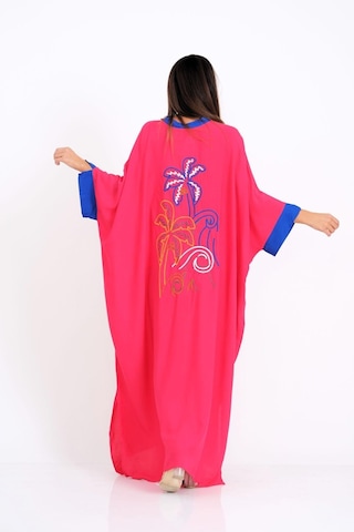 Kadın Pembe Sırtı Palmiye Nakışlı Yarasa Kol Oversize Uzun Elbise - Pembe