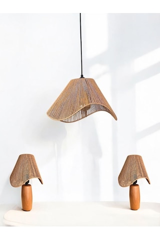 Hasır El Yapımı Bohem Asimetrik Şekilli Avize 2 Li Ahşap Ayaklı Rustik Abajur Set Kahverengi