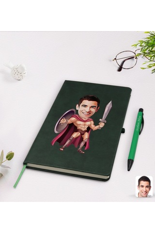 Kişiye Özel Spartalı Karikatürlü Yeşil Termo Deri Defter Kalem Se
