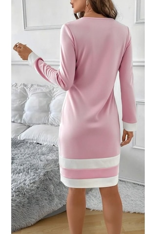 Veraura Lifestyle Kadın Uzun Kollu Yuvarlak Yaka Etek Ucu Şerit Detaylı Mini Dalgıç Elbise Pembe