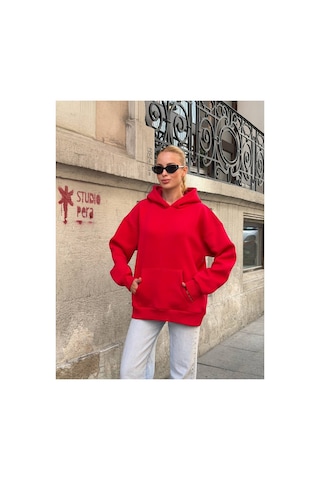 Zdnjeans Kadın Taşlı Kanat Baskılı Oversize Kapüşonlu Sweatshirt Kırmızı