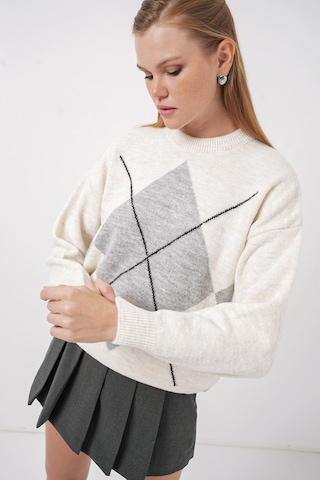 Bigdart 15895 Baklava Desenli Oversize Triko Kazak - Açık Gri