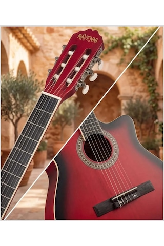 Ravenni Rcg-120 4/4 Klasik Gitar Tam Boy Kesik Kasa Kılıf+penaseti+kapo Hediyeli Kırmızı