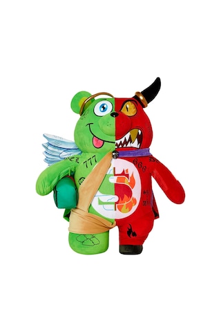 Sprayground Angel Vs Devil Teddy Bear Sırt Çantası, Pelüş Kumaş, Fermuarlı Cepler, Orijinal Tasarım Yeşil