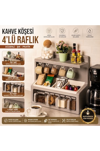 4 Lü Kahve Köşesi Düzenleyici Raf Kupa Askılı Çok Bölmeli Mutfak Tezgah Üstü Organizer, Kahve Kapsülü, Çay, Baharat Ve Kahverengi