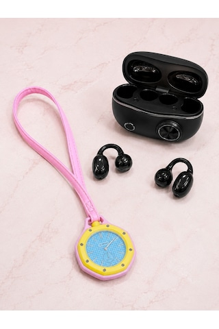 Kablosuz Kulaklık Seti Ve Pembe Askılı Analog Charm Saat Günlük Kullanım Kampanyası Altın